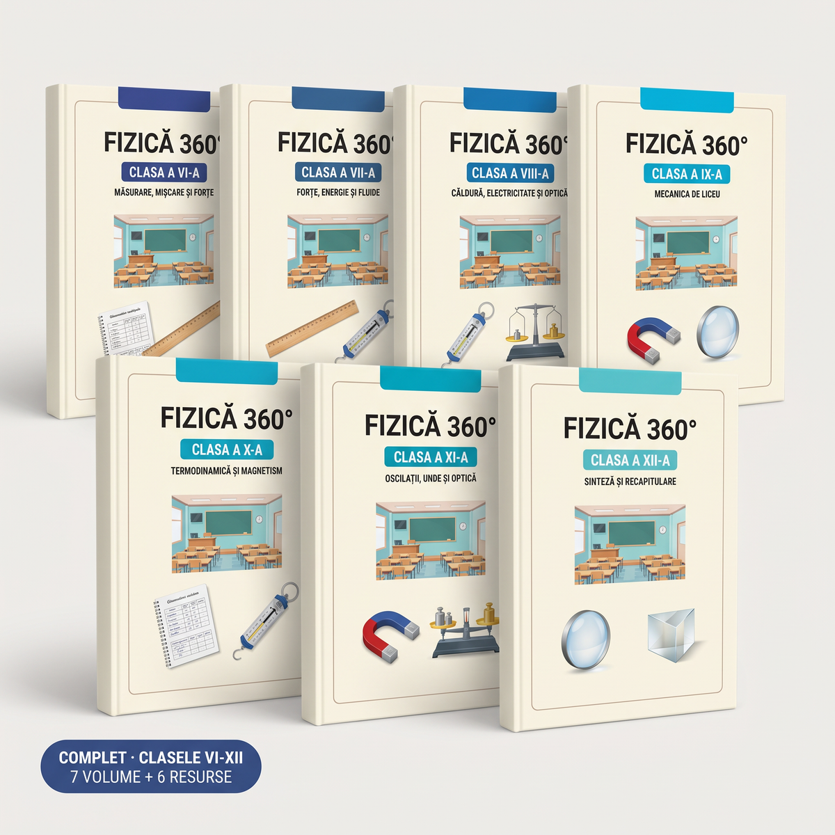 FIZICĂ 360° — cele 7 volume pentru clasele a VI-a – a XII-a, cu cele 6 resurse incluse