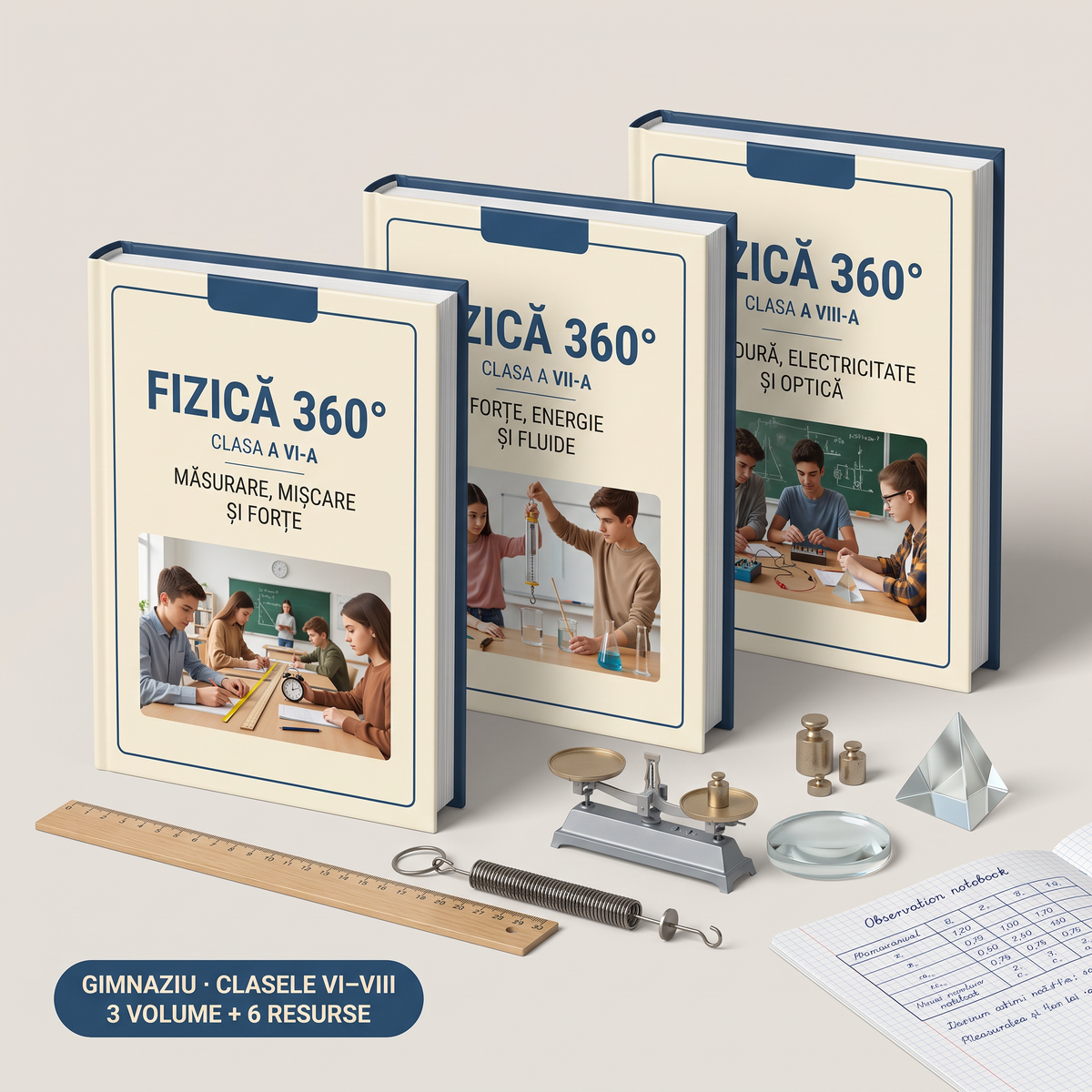 FIZICĂ 360° · Gimnaziu — cele 3 volume pentru clasele a VI-a – a VIII-a, cu cele 6 resurse incluse