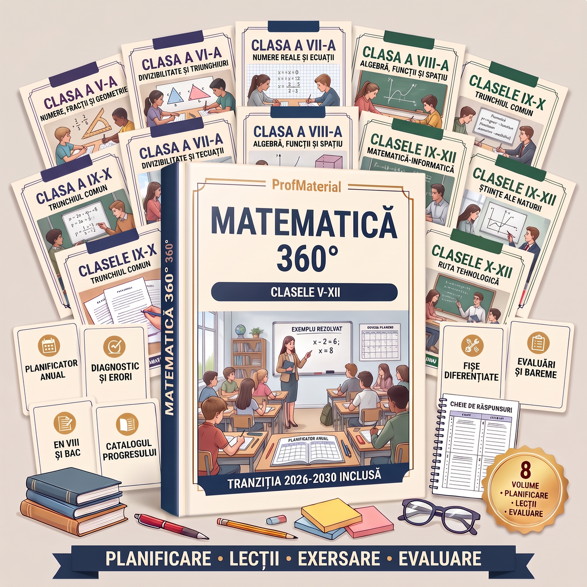 Matematică 360° · Gimnaziu — sistemul complet pentru clasele a V-a – a VIII-a: 4 volume și cele 6 familii de resurse