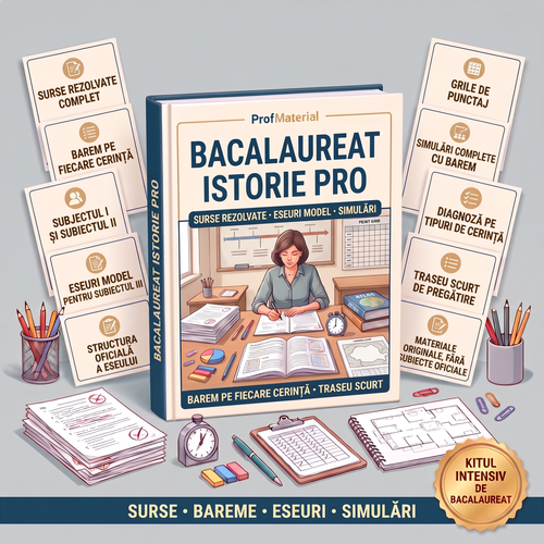 Bacalaureat Istorie PRO — surse rezolvate cu barem pe cerință, eseuri model pentru Subiectul III și simulări complete