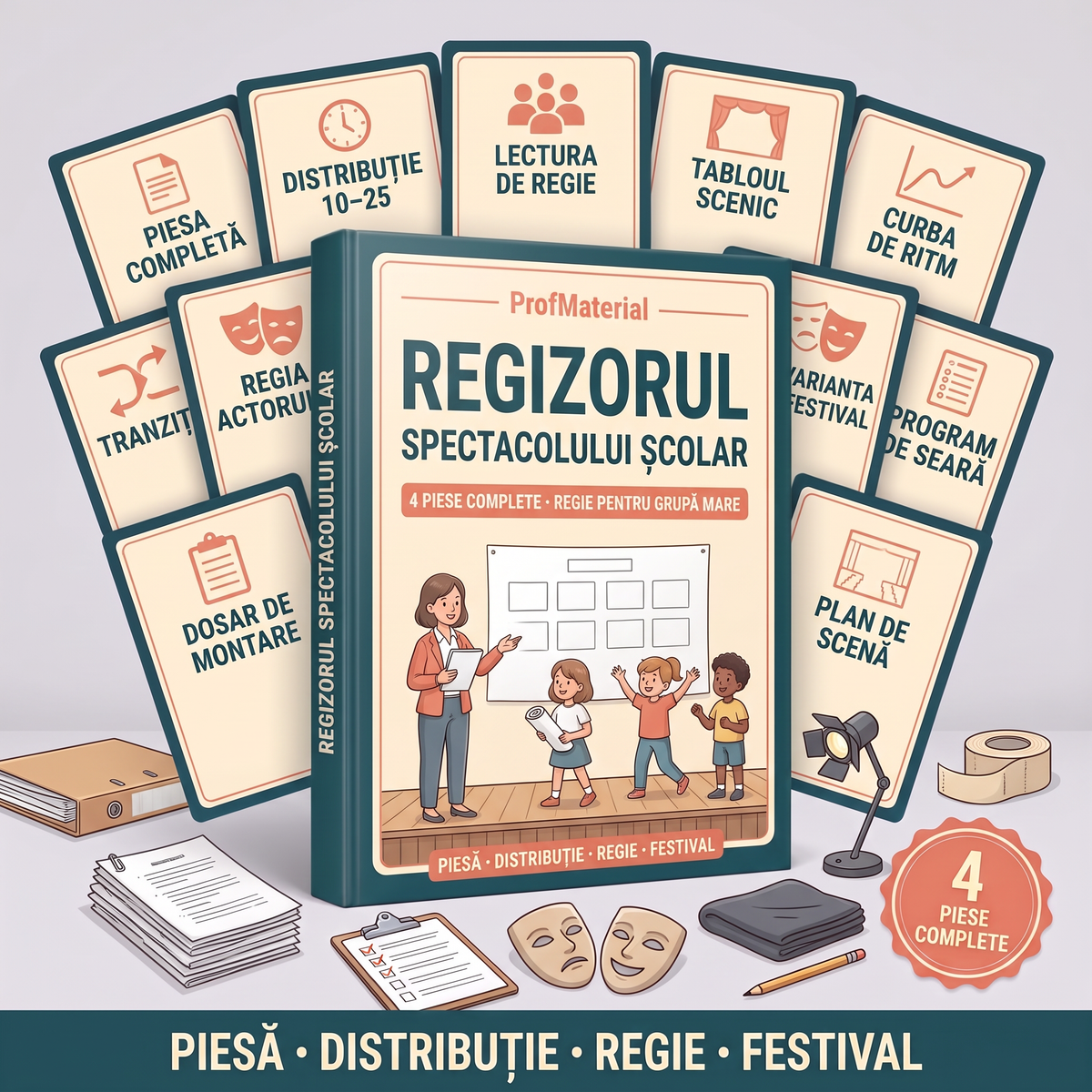 Regizorul spectacolului școlar — 4 piese complete de spectacol, regie pentru grupă mare și dosar de montare